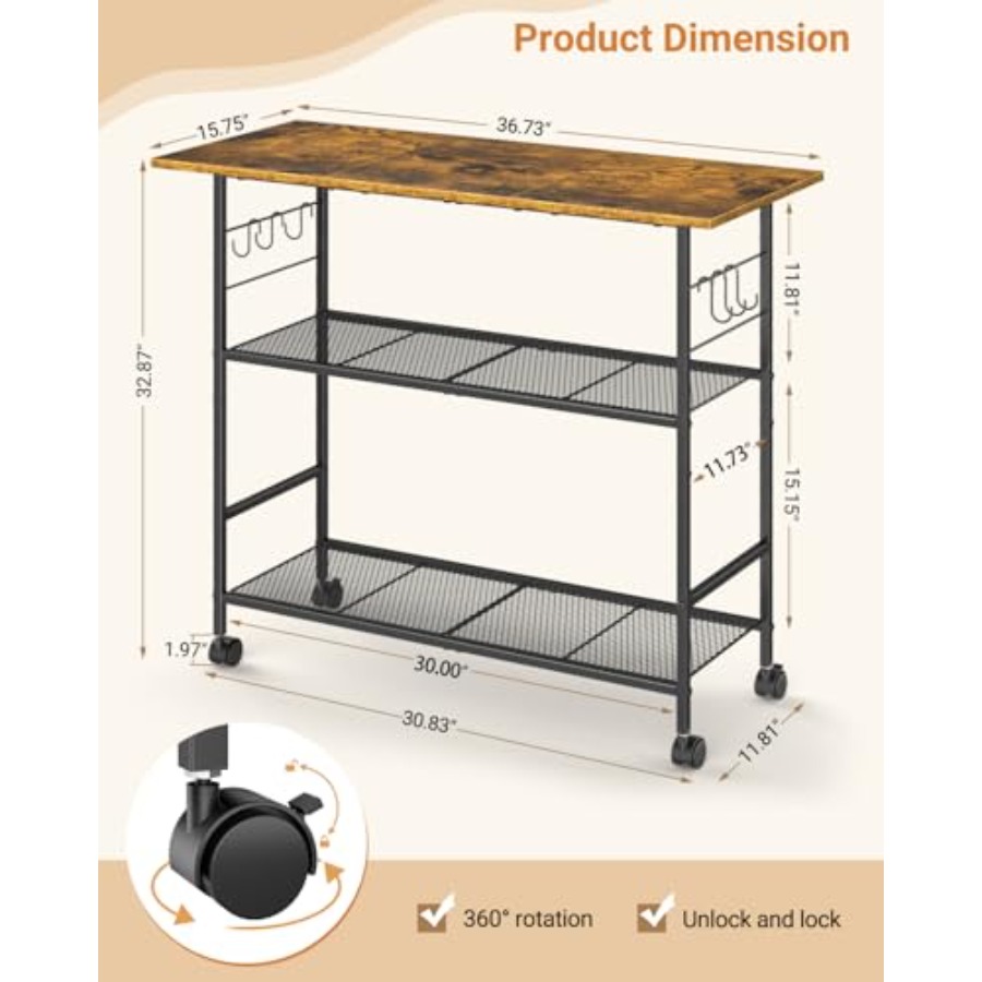 Kitchen Island with 3 Shelves, - Kitchen Baking Island recensie en prijs